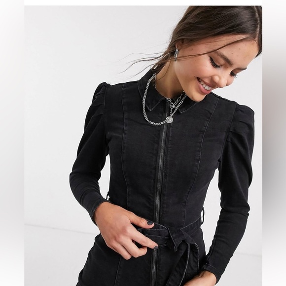 Bershka Black Denim Belted Puff Long Sleeve Dress- Large - Picture 4 of 11